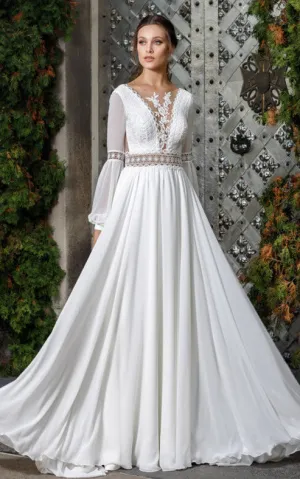 Ethereal A Line Scalloped Neck Chiffon Wedding Dress with Appliques-716350