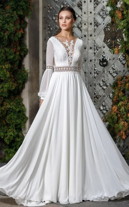 Ethereal A Line Scalloped Neck Chiffon Wedding Dress with Appliques-716350