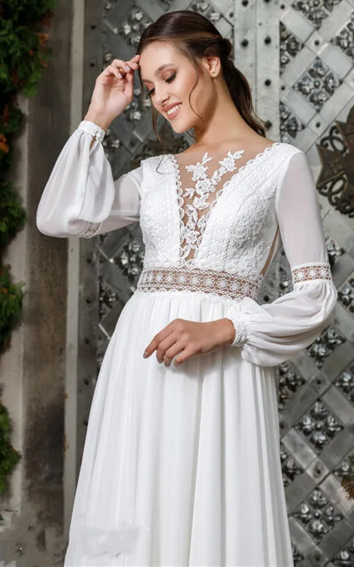 Ethereal A Line Scalloped Neck Chiffon Wedding Dress with Appliques-716350