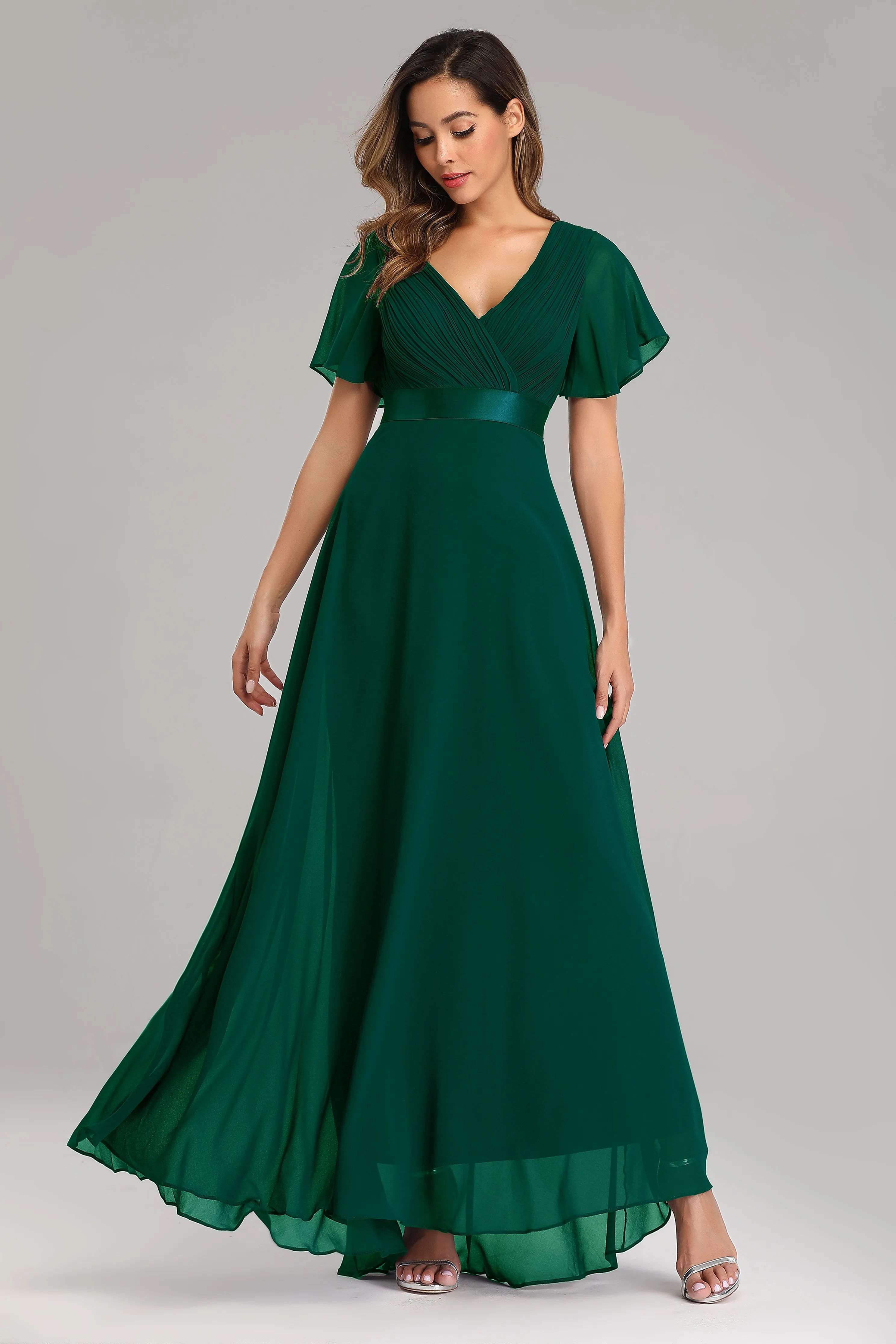Evening Dresses V-Neck Ruffles Chiffon Formal Dress for Wedding Party