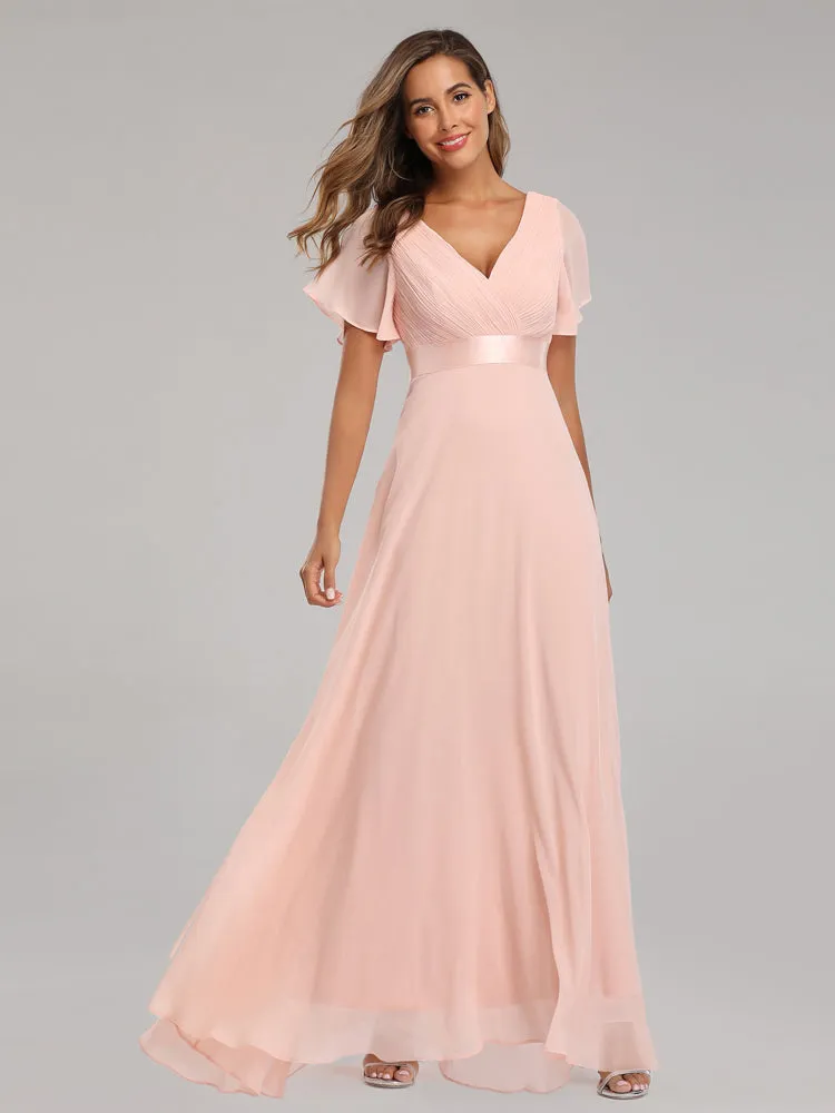 Evening Dresses V-Neck Ruffles Chiffon Formal Dress for Wedding Party