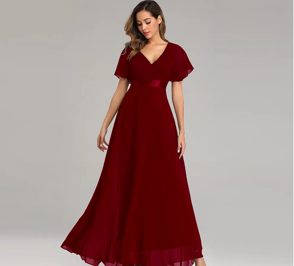 Evening Dresses V-Neck Ruffles Chiffon Formal Dress for Wedding Party