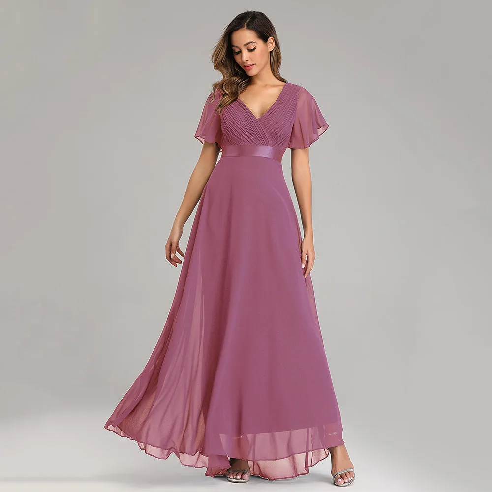 Evening Dresses V-Neck Ruffles Chiffon Formal Dress for Wedding Party