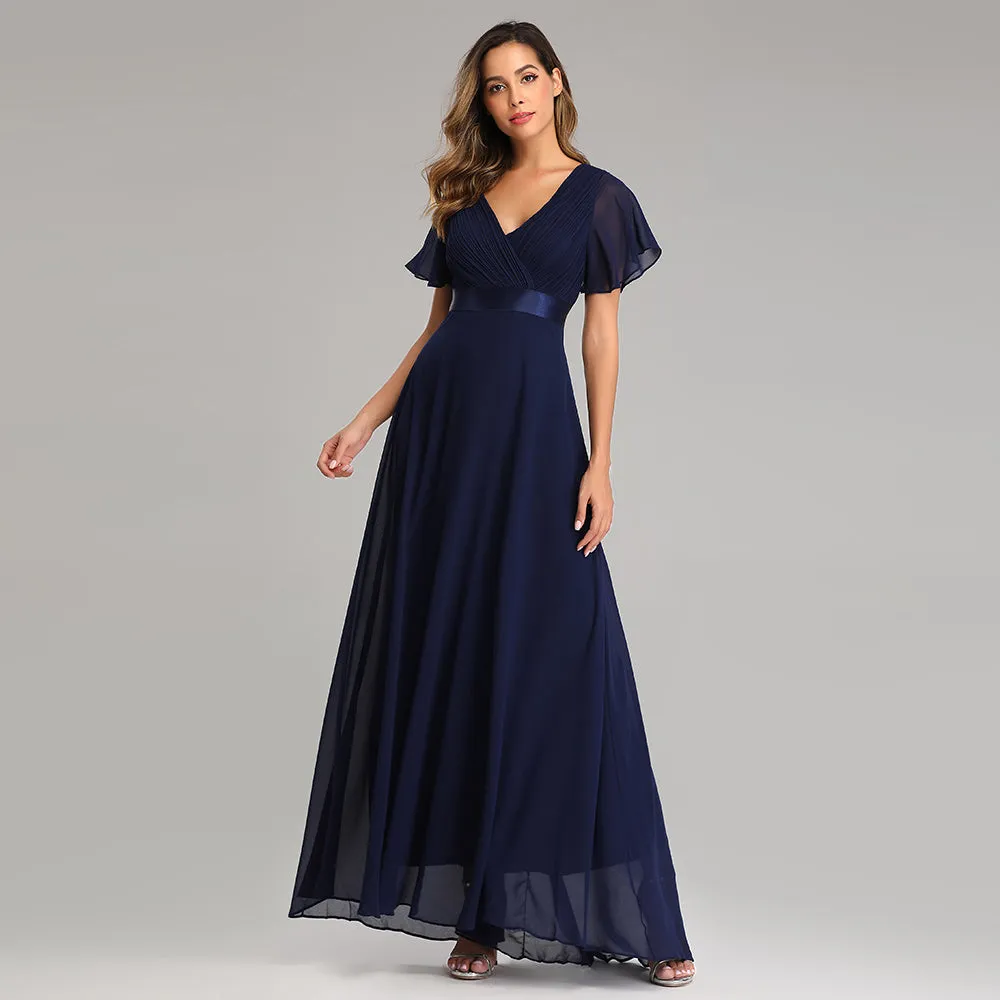 Evening Dresses V-Neck Ruffles Chiffon Formal Dress for Wedding Party