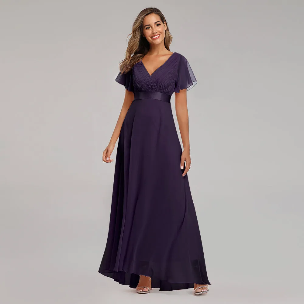 Evening Dresses V-Neck Ruffles Chiffon Formal Dress for Wedding Party
