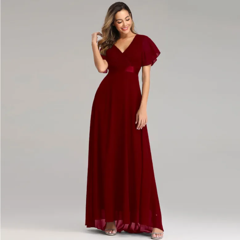 Evening Dresses V-Neck Ruffles Chiffon Formal Dress for Wedding Party