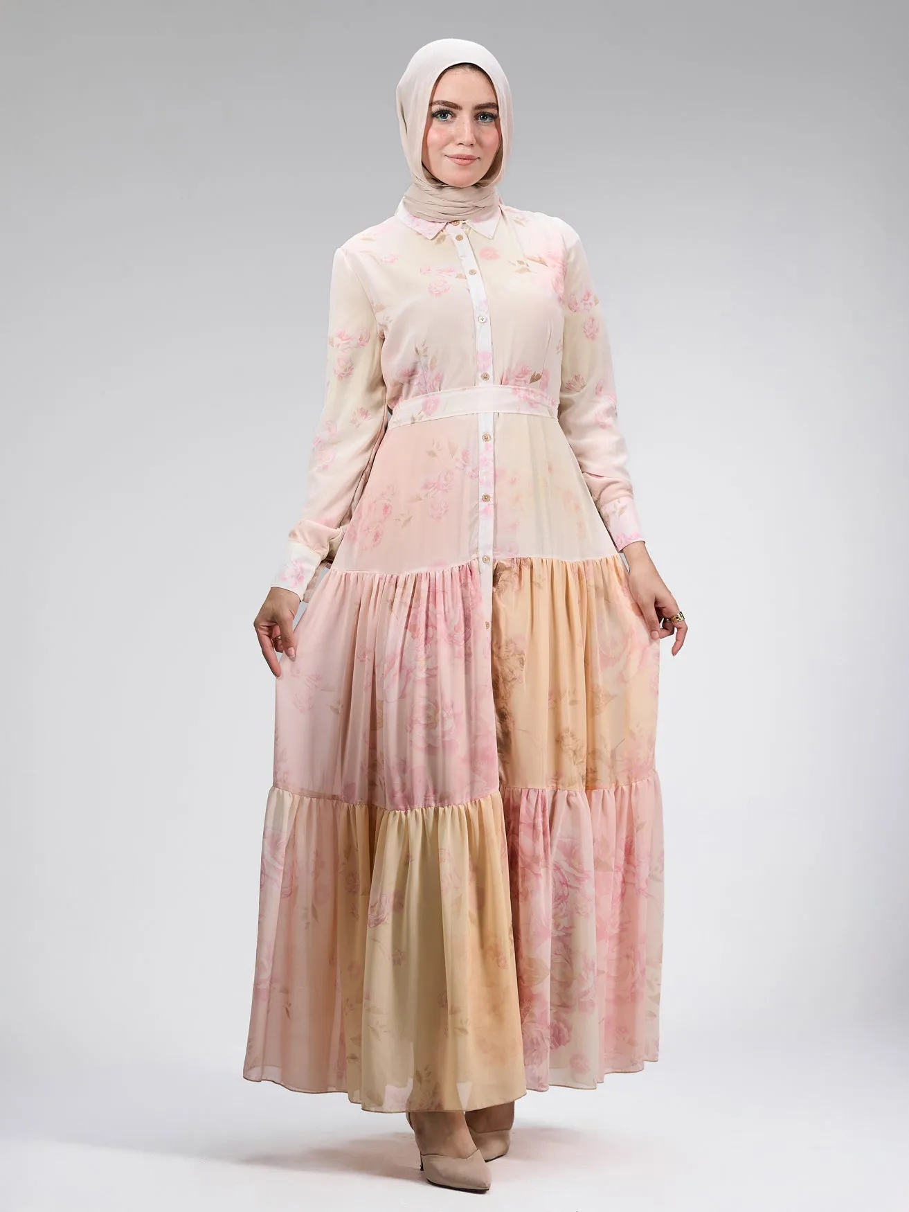 Farida Elegant Chiffon Buttoned Maxi Dress in Blush Pink Floral