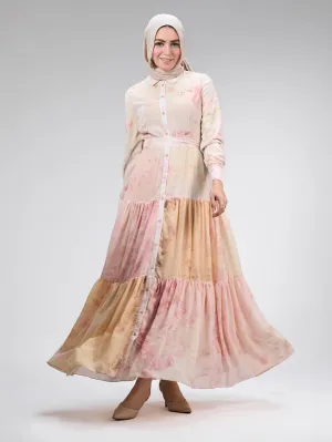 Farida Elegant Chiffon Buttoned Maxi Dress in Blush Pink Floral