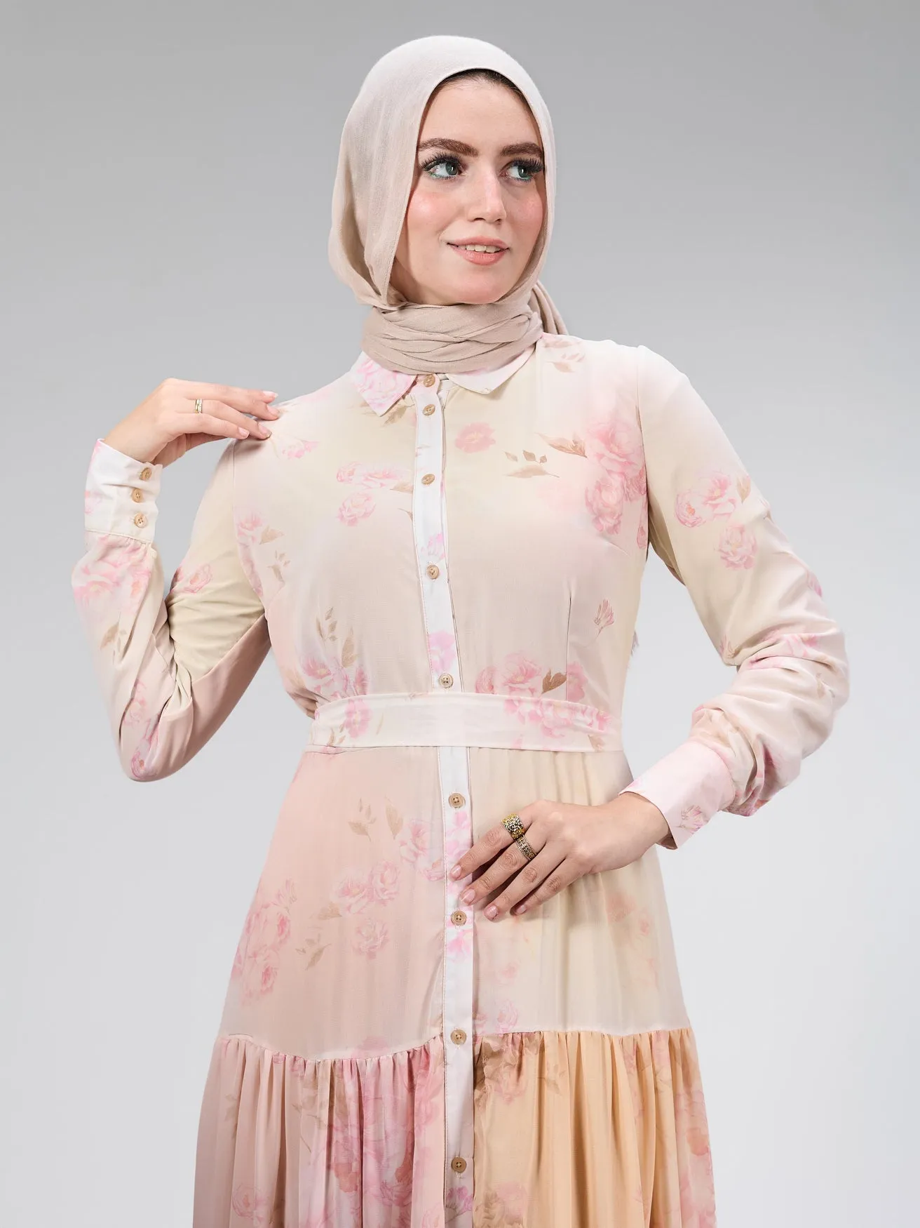Farida Elegant Chiffon Buttoned Maxi Dress in Blush Pink Floral
