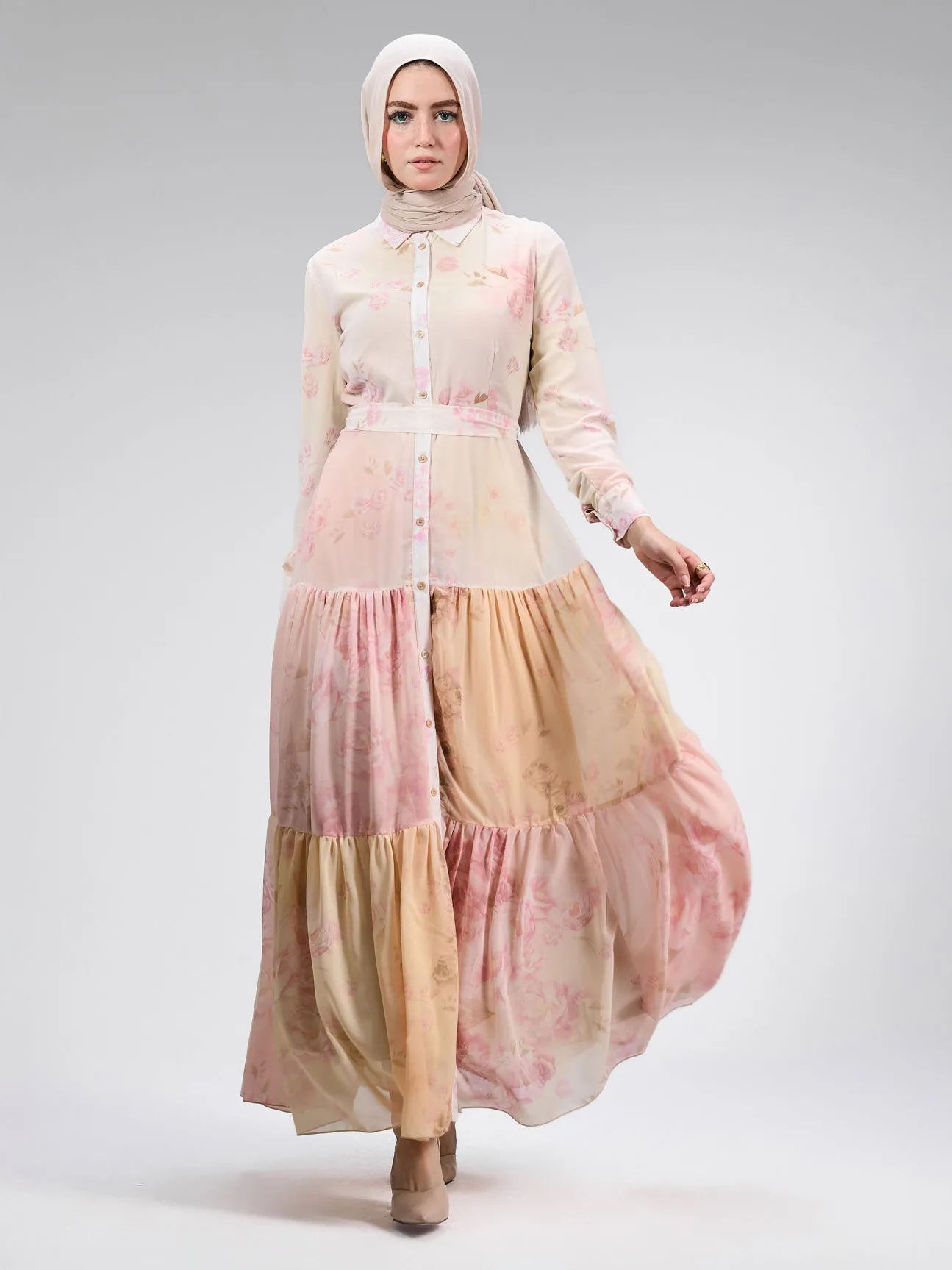 Farida Elegant Chiffon Buttoned Maxi Dress in Blush Pink Floral