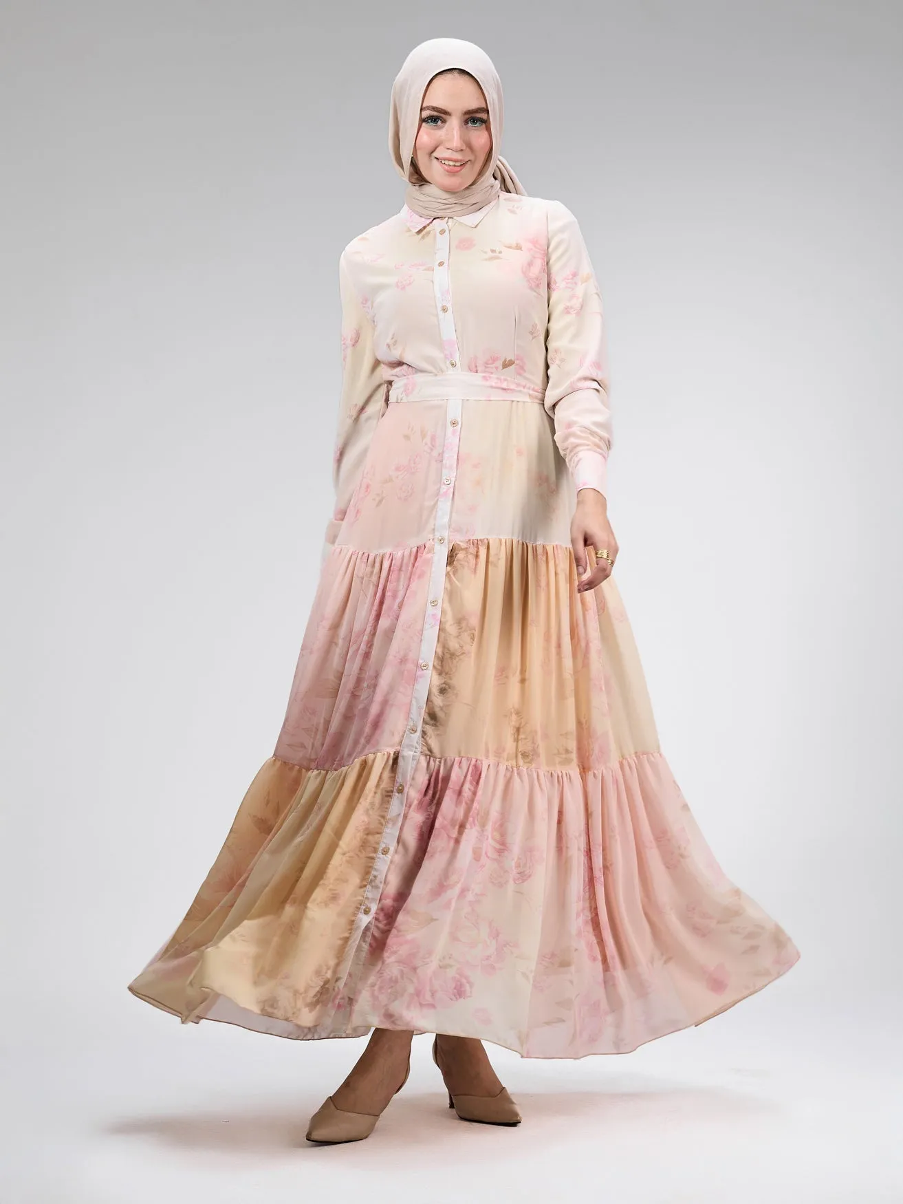 Farida Elegant Chiffon Buttoned Maxi Dress in Blush Pink Floral