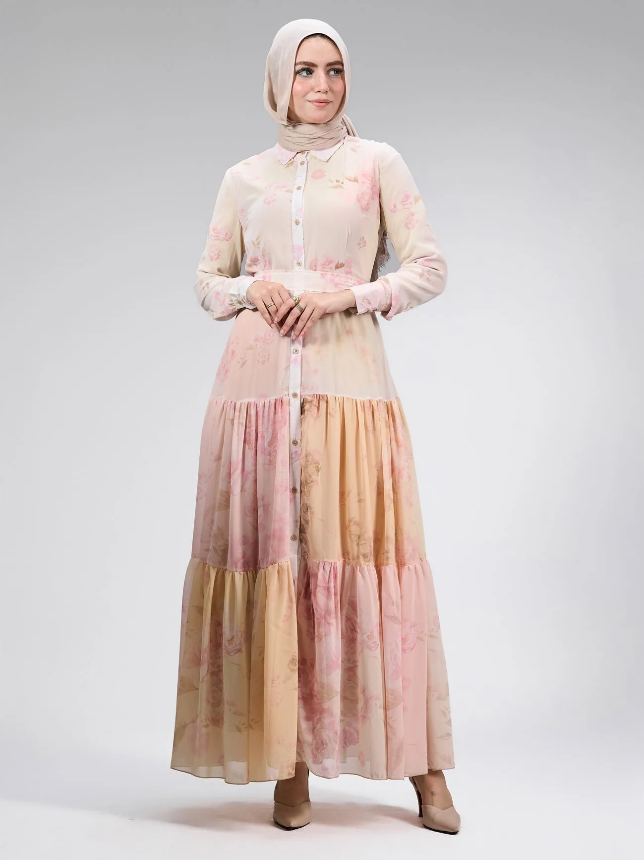 Farida Elegant Chiffon Buttoned Maxi Dress in Blush Pink Floral