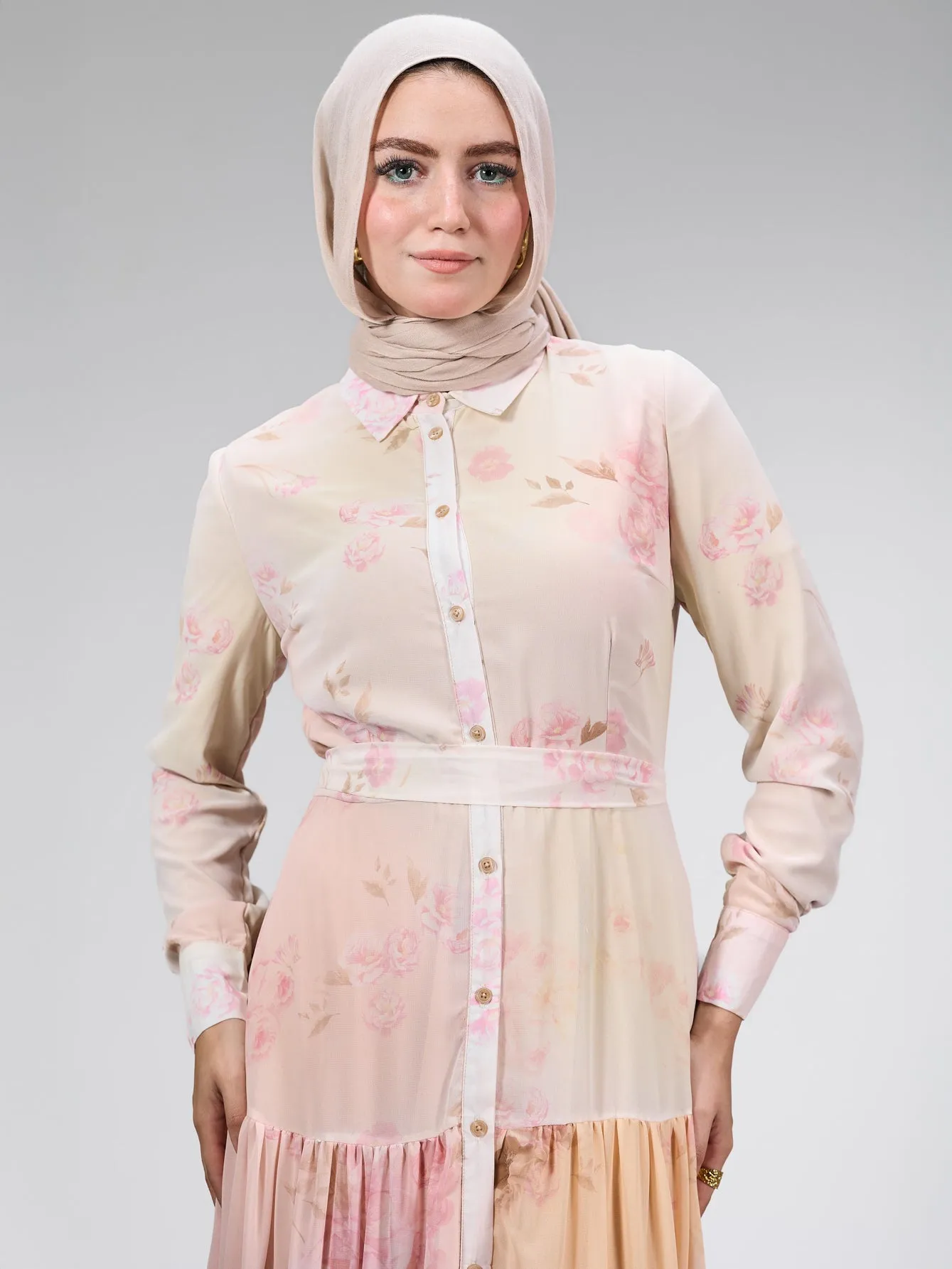 Farida Elegant Chiffon Buttoned Maxi Dress in Blush Pink Floral