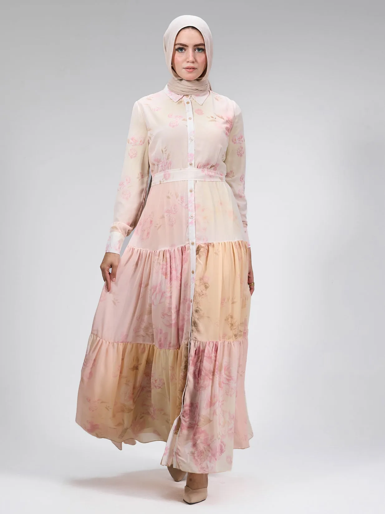 Farida Elegant Chiffon Buttoned Maxi Dress in Blush Pink Floral