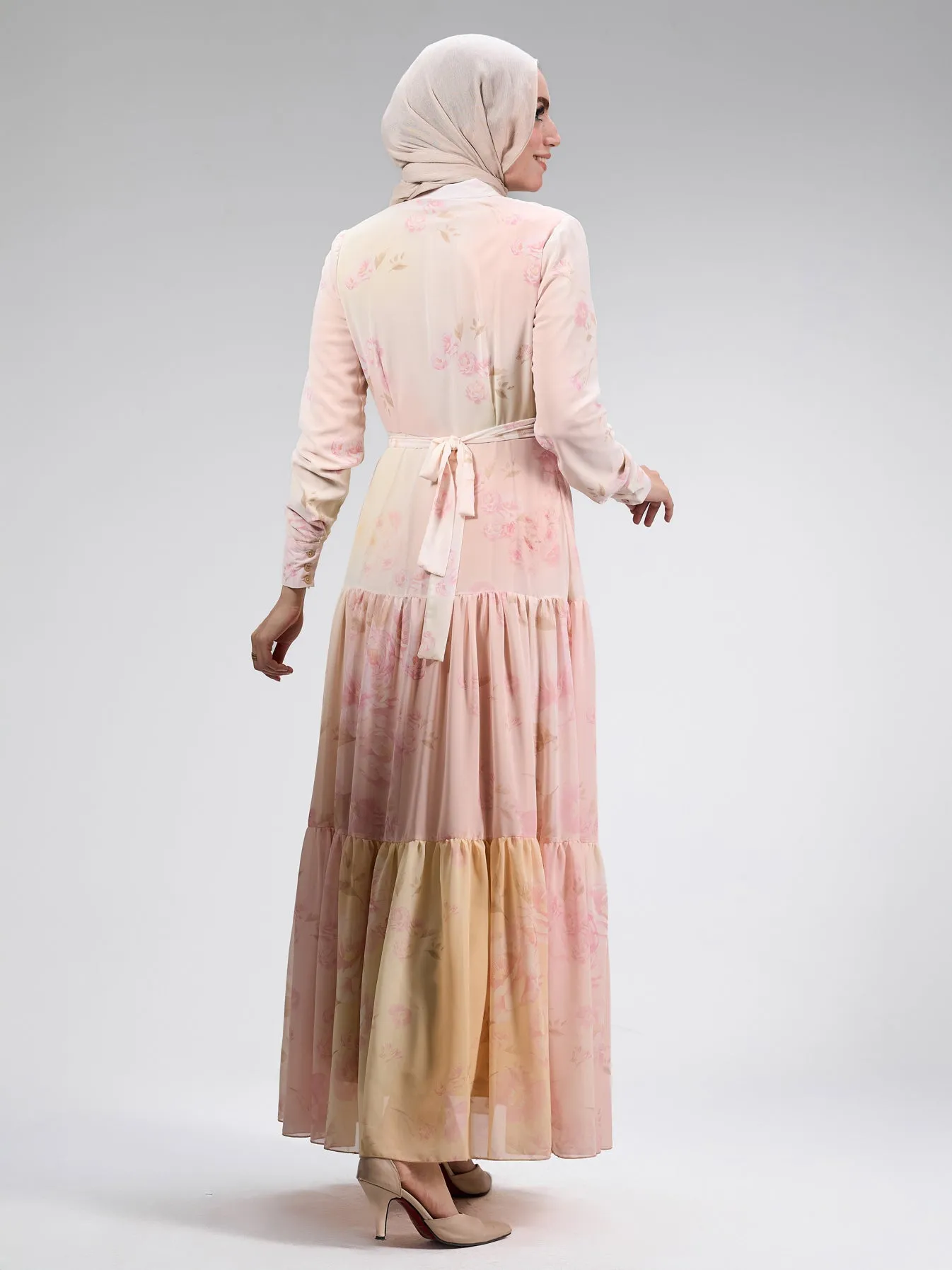Farida Elegant Chiffon Buttoned Maxi Dress in Blush Pink Floral