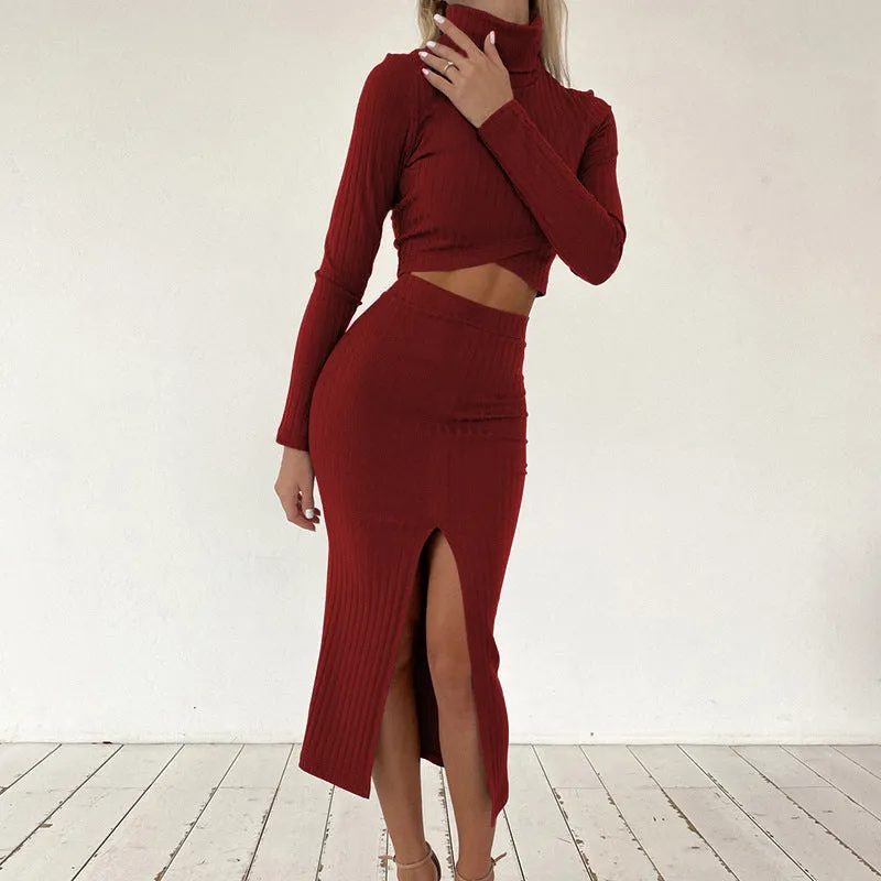 Fashion High Neck Long Sleeves Two Pieces Suits