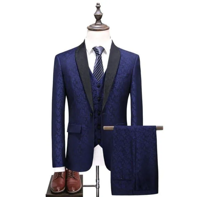 Fashion Printed Blue Burgundy Tuxedo Jacket Pants Vest