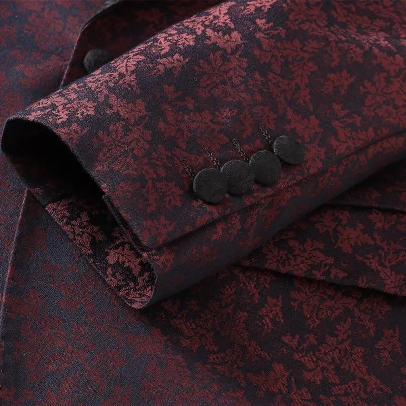Fashion Printed Blue Burgundy Tuxedo Jacket Pants Vest
