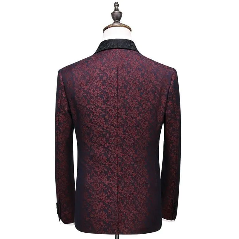Fashion Printed Blue Burgundy Tuxedo Jacket Pants Vest