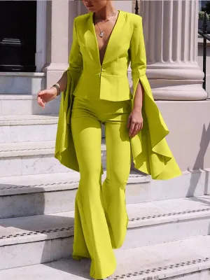 Fashion Ruffles Sleeve Pants Suits Blazer Two Piece Set