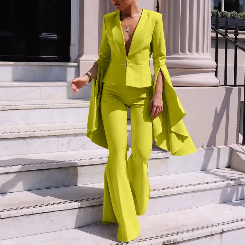Fashion Ruffles Sleeve Pants Suits Blazer Two Piece Set