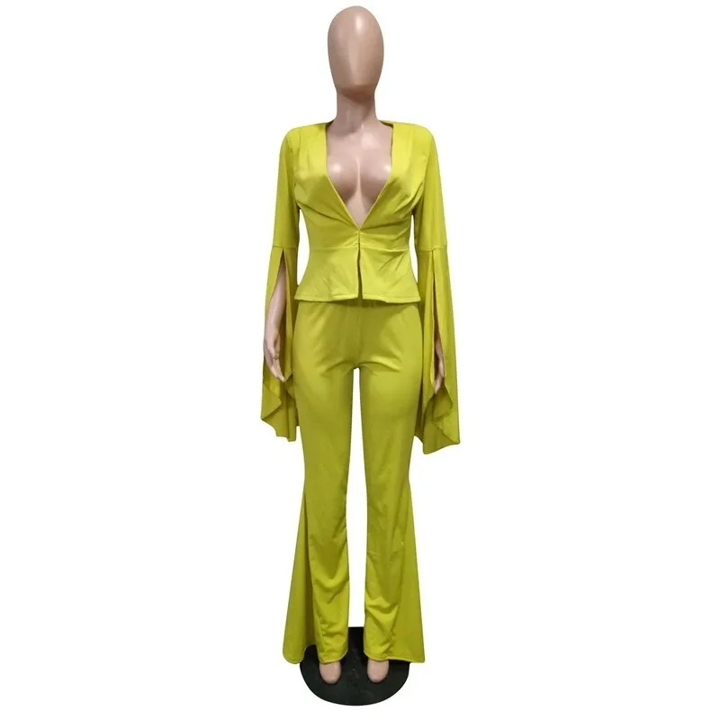 Fashion Ruffles Sleeve Pants Suits Blazer Two Piece Set