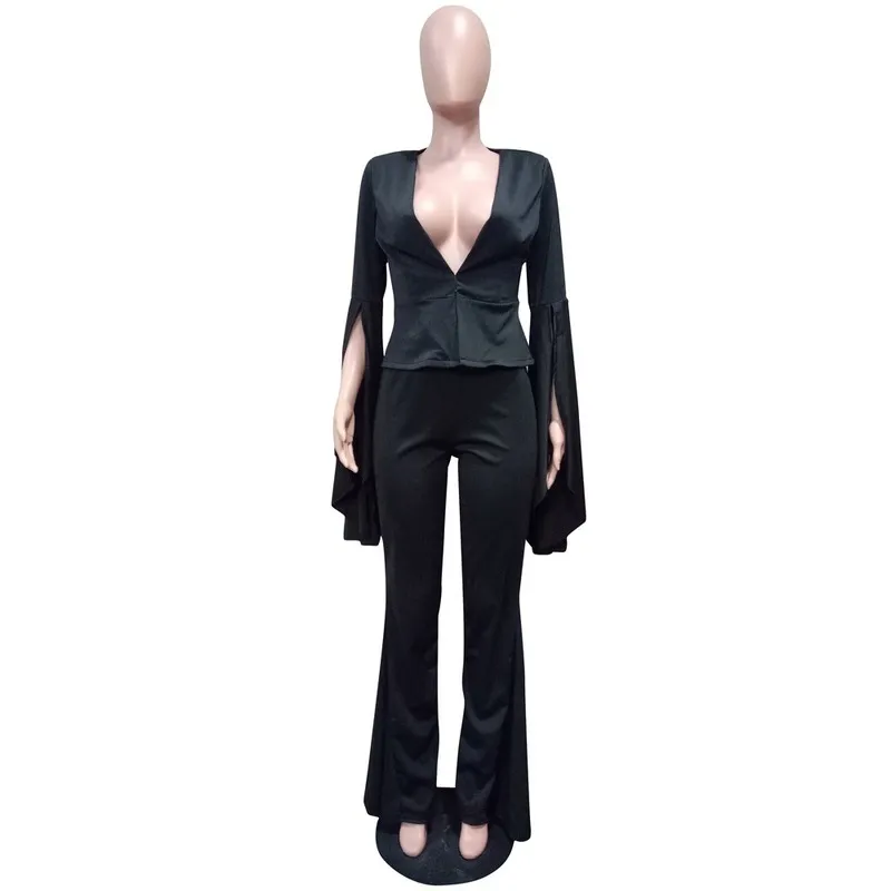 Fashion Ruffles Sleeve Pants Suits Blazer Two Piece Set