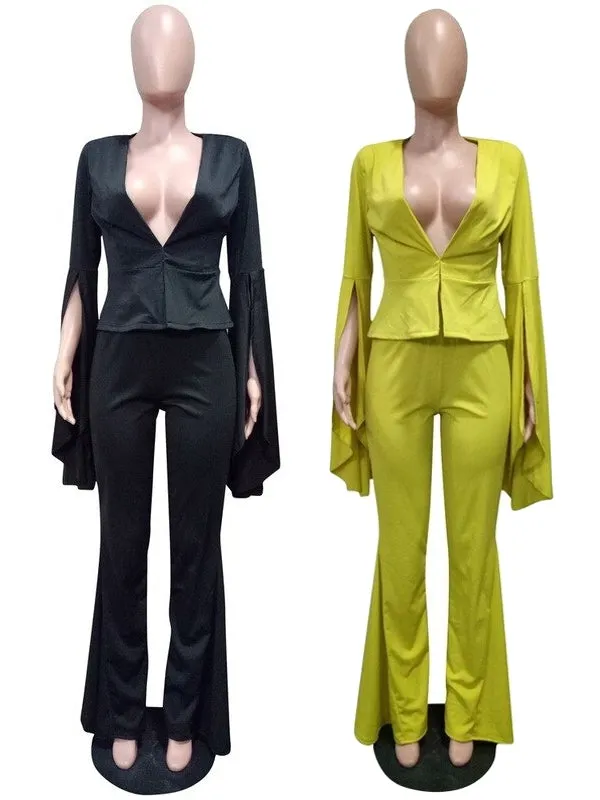 Fashion Ruffles Sleeve Pants Suits Blazer Two Piece Set