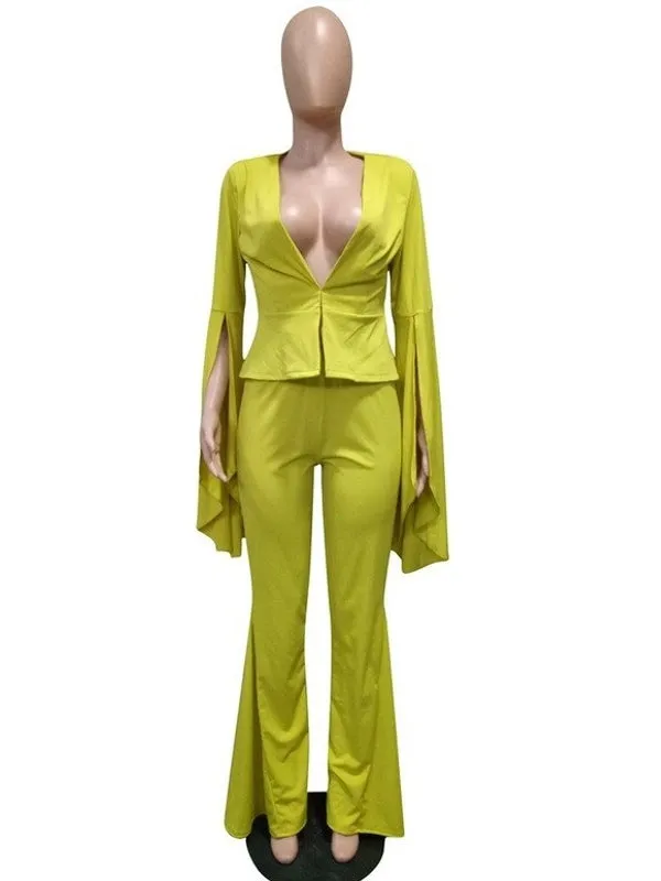 Fashion Ruffles Sleeve Pants Suits Blazer Two Piece Set