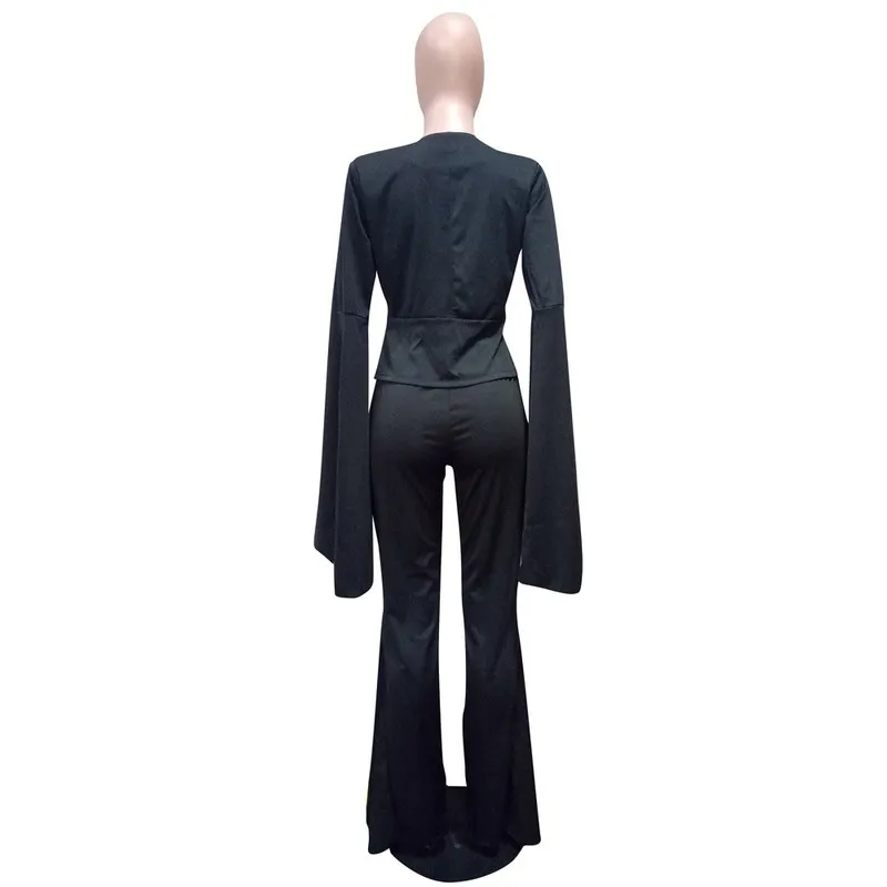 Fashion Ruffles Sleeve Pants Suits Blazer Two Piece Set