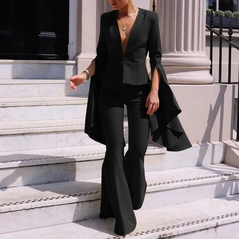Fashion Ruffles Sleeve Pants Suits Blazer Two Piece Set