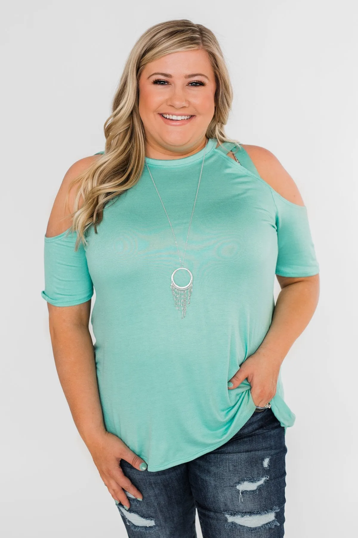 Feeling Alive Cold Shoulder Top- Aqua