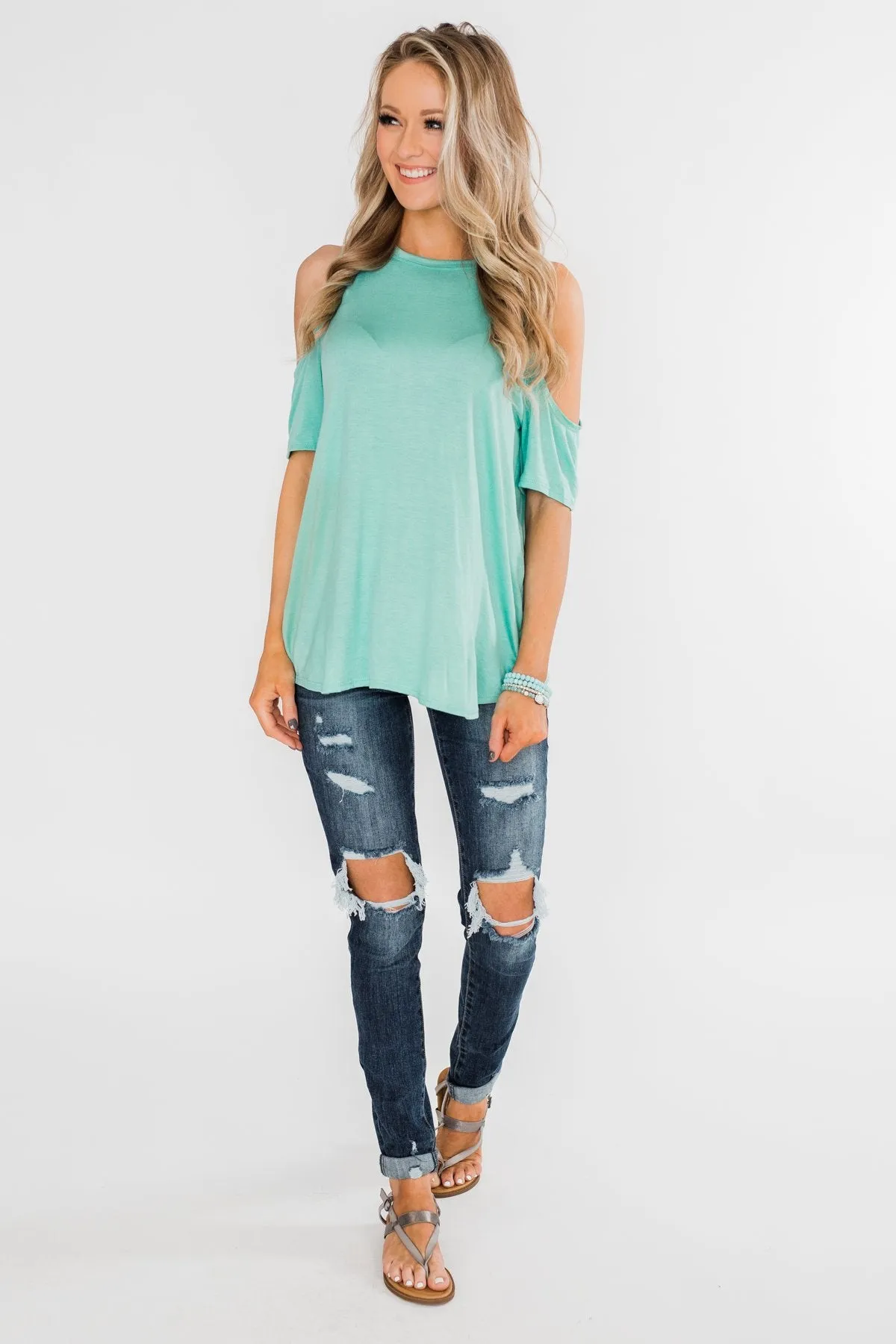 Feeling Alive Cold Shoulder Top- Aqua