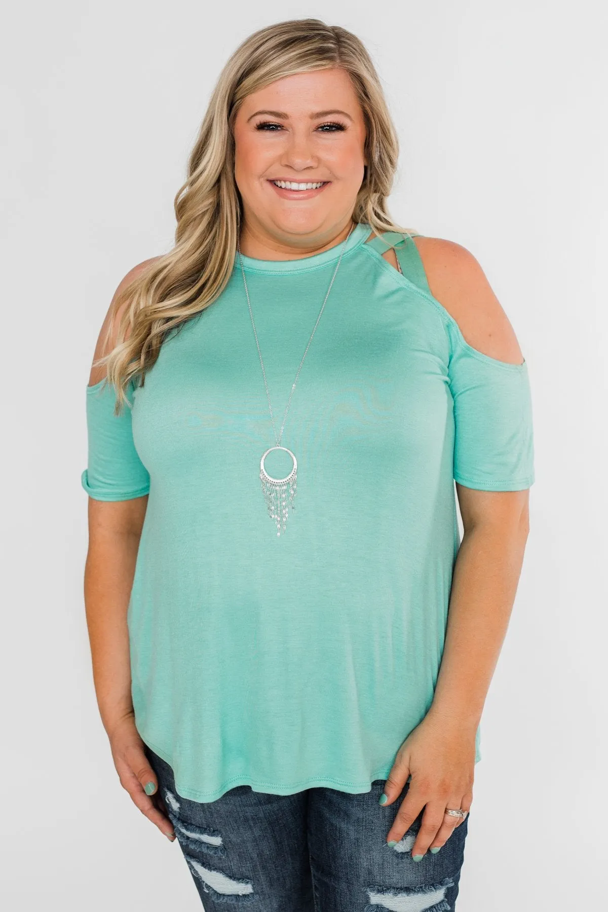 Feeling Alive Cold Shoulder Top- Aqua