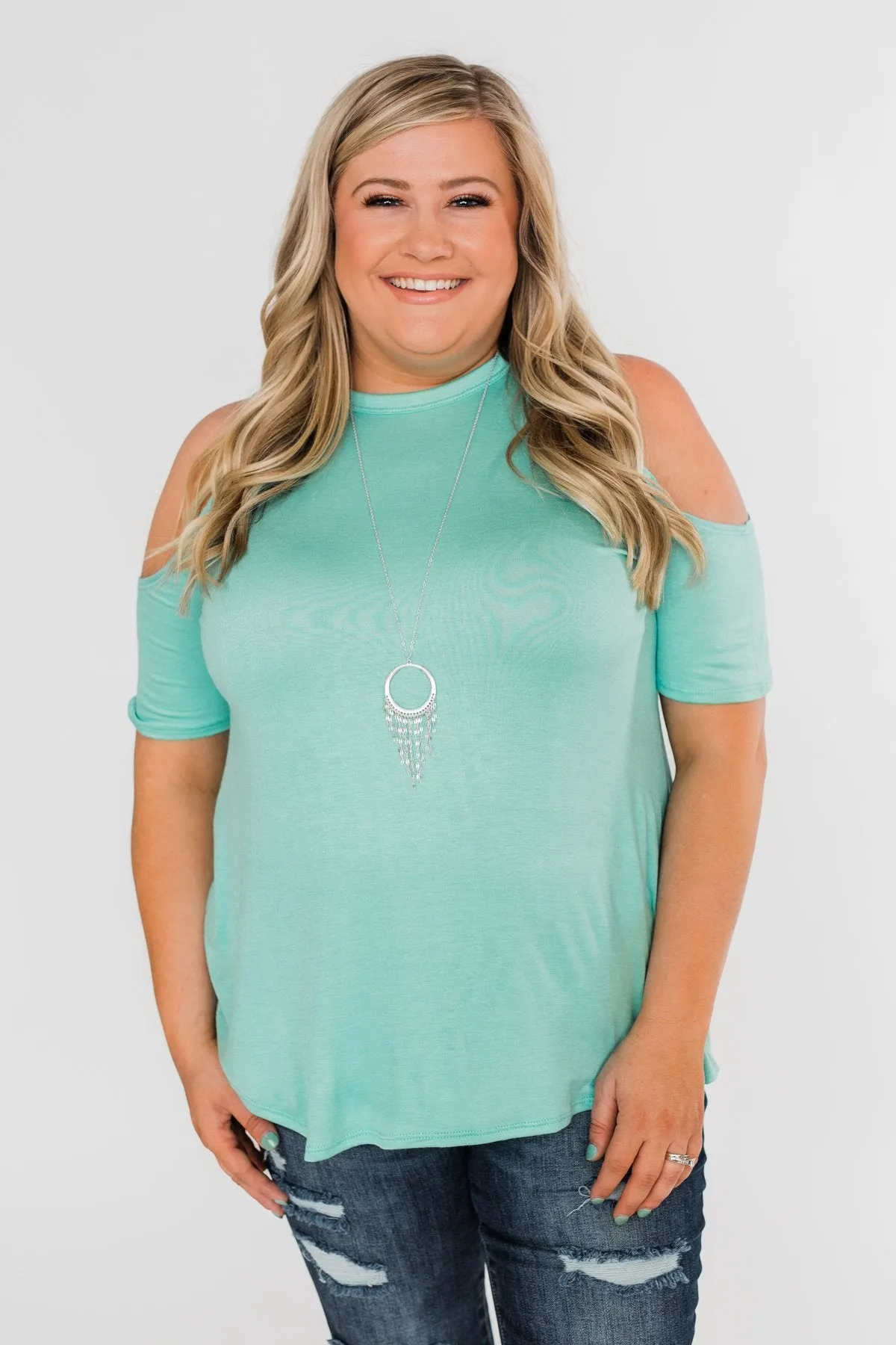 Feeling Alive Cold Shoulder Top- Aqua