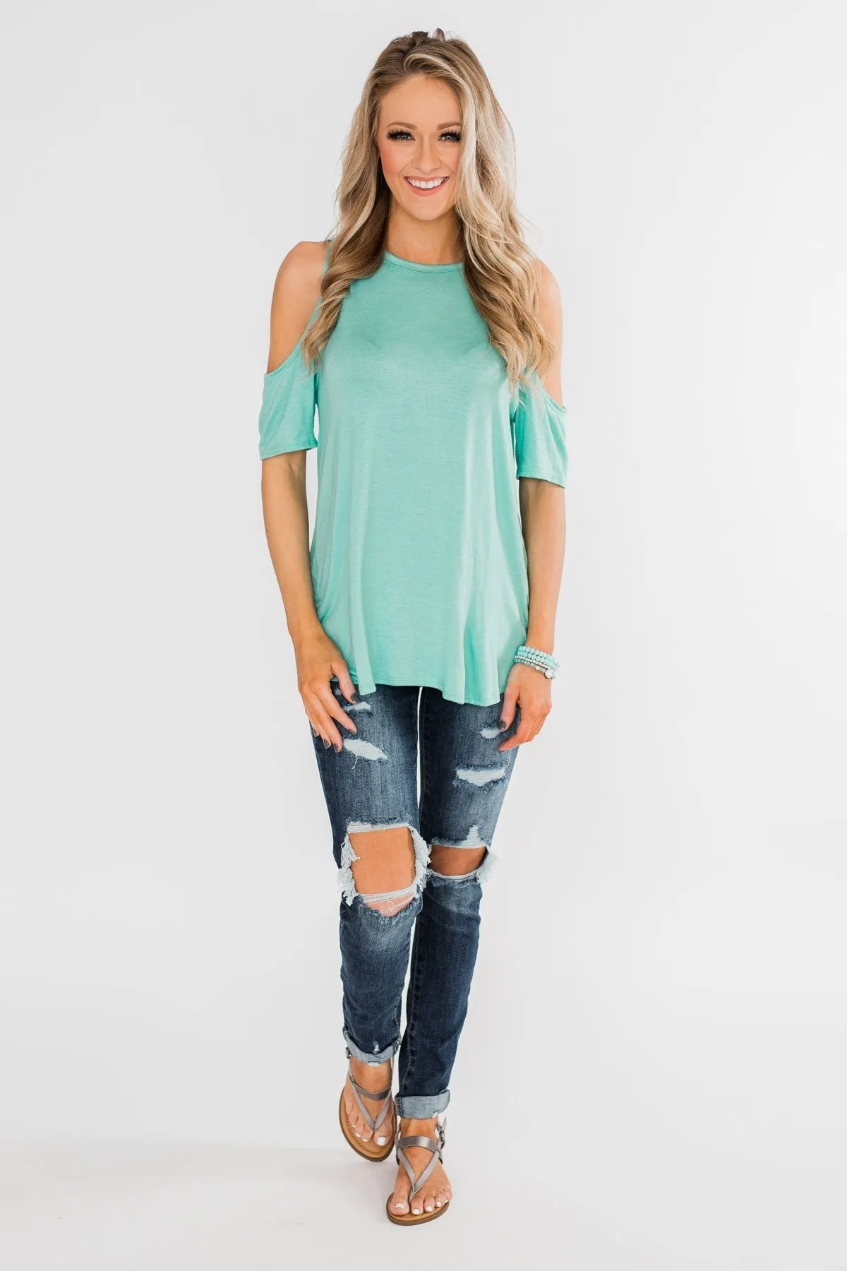 Feeling Alive Cold Shoulder Top- Aqua