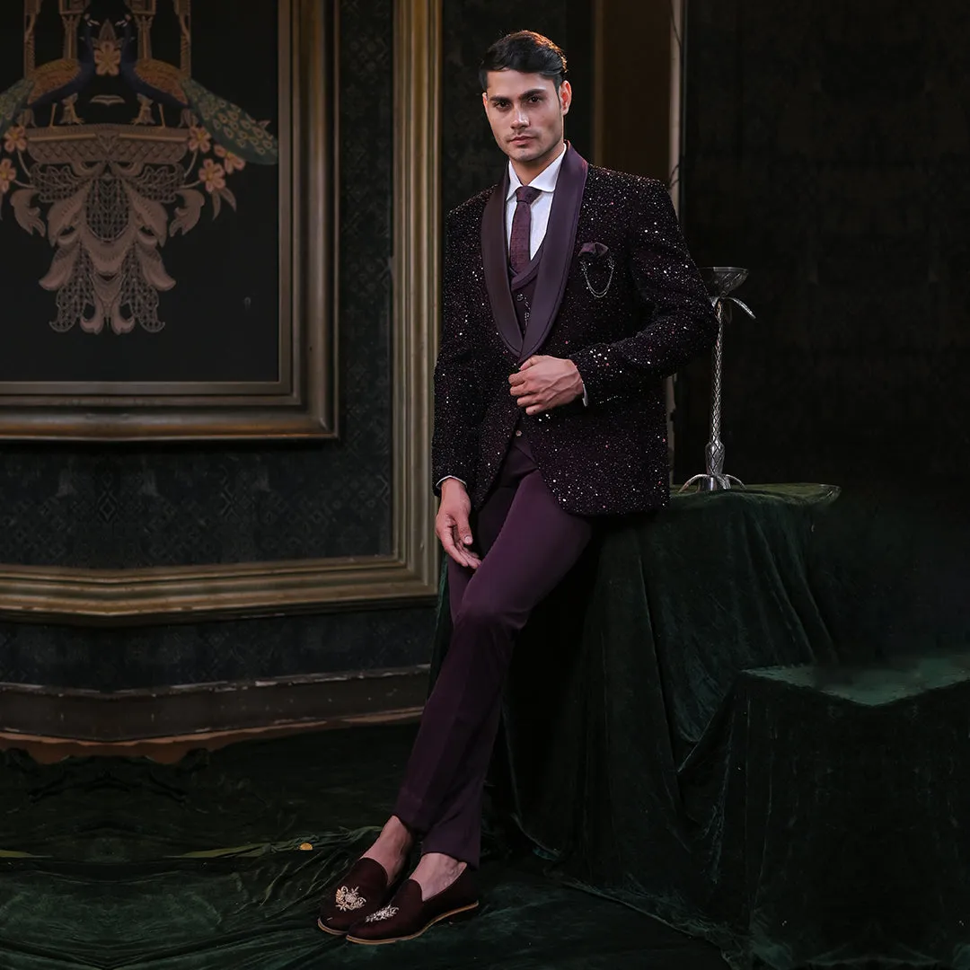 Festive Wine Sequin And Cutdana Embroidery Tuxedo Set