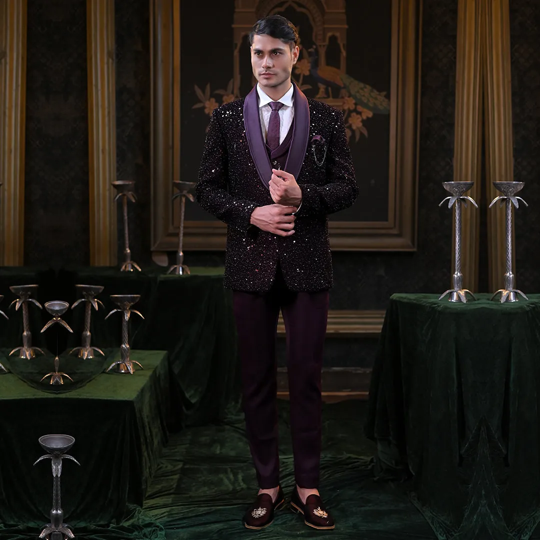 Festive Wine Sequin And Cutdana Embroidery Tuxedo Set