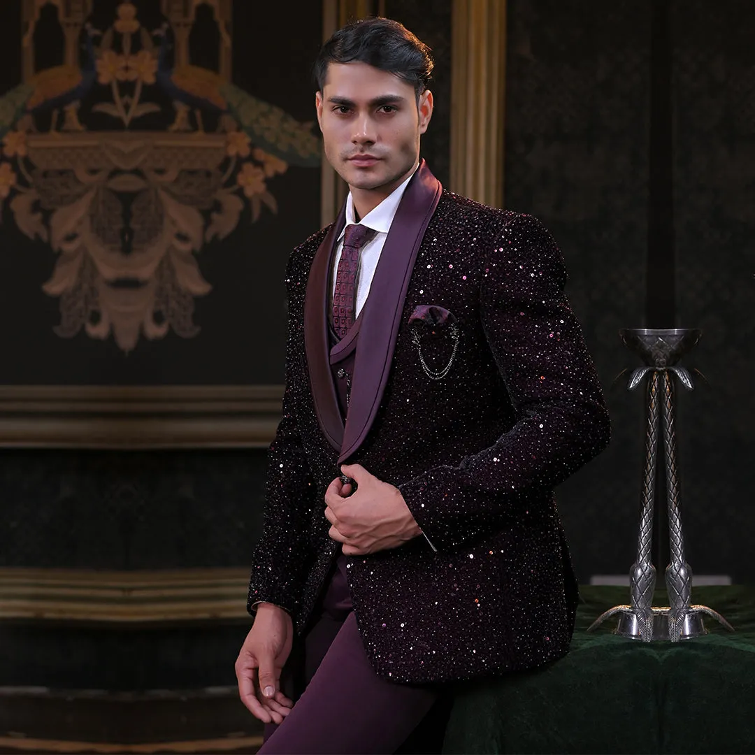 Festive Wine Sequin And Cutdana Embroidery Tuxedo Set