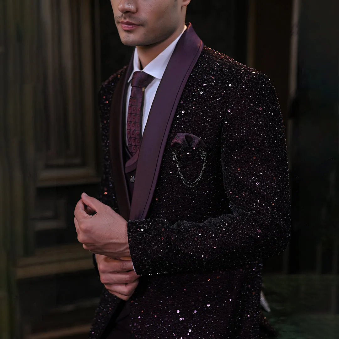 Festive Wine Sequin And Cutdana Embroidery Tuxedo Set