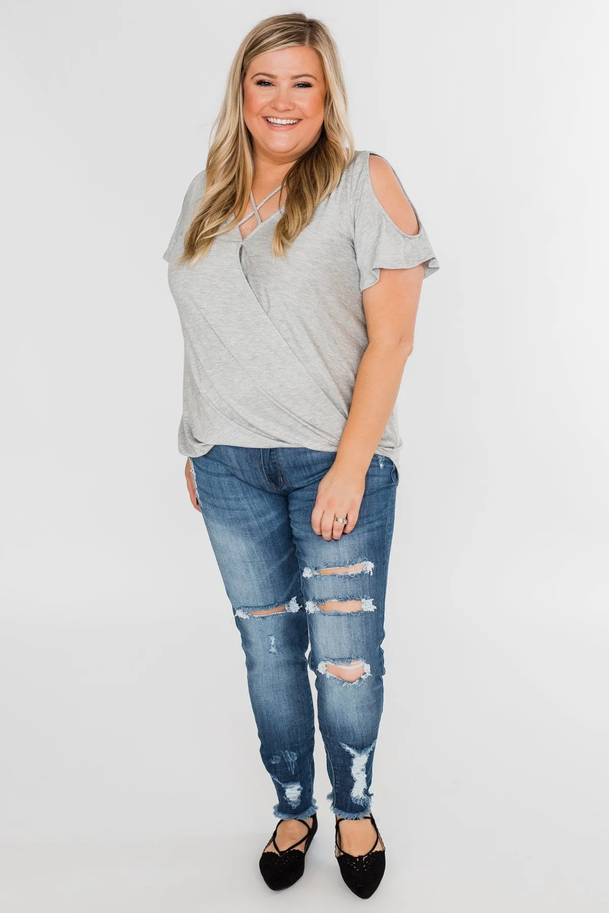 Find My Stride Cold Shoulder Top- Heather Grey