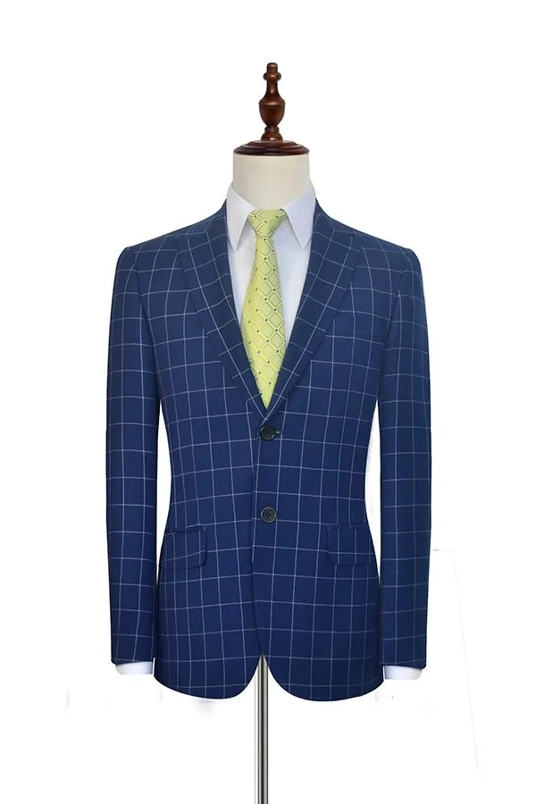 Flap Pocket Peak Lapel Grey Checked Navy Blue Mens Suits