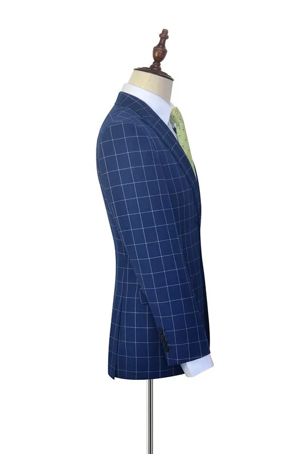 Flap Pocket Peak Lapel Grey Checked Navy Blue Mens Suits