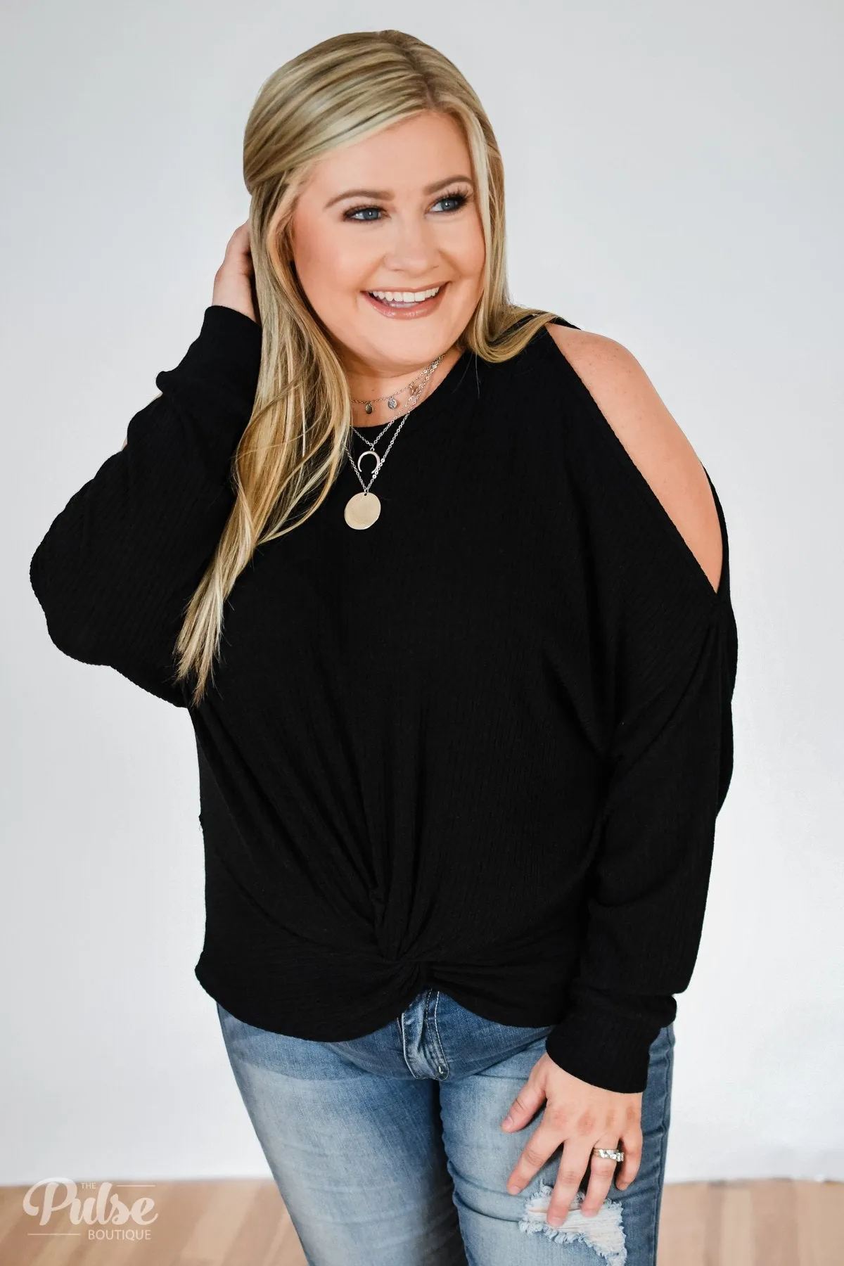 Flattering Twist Cold Shoulder Top- Black