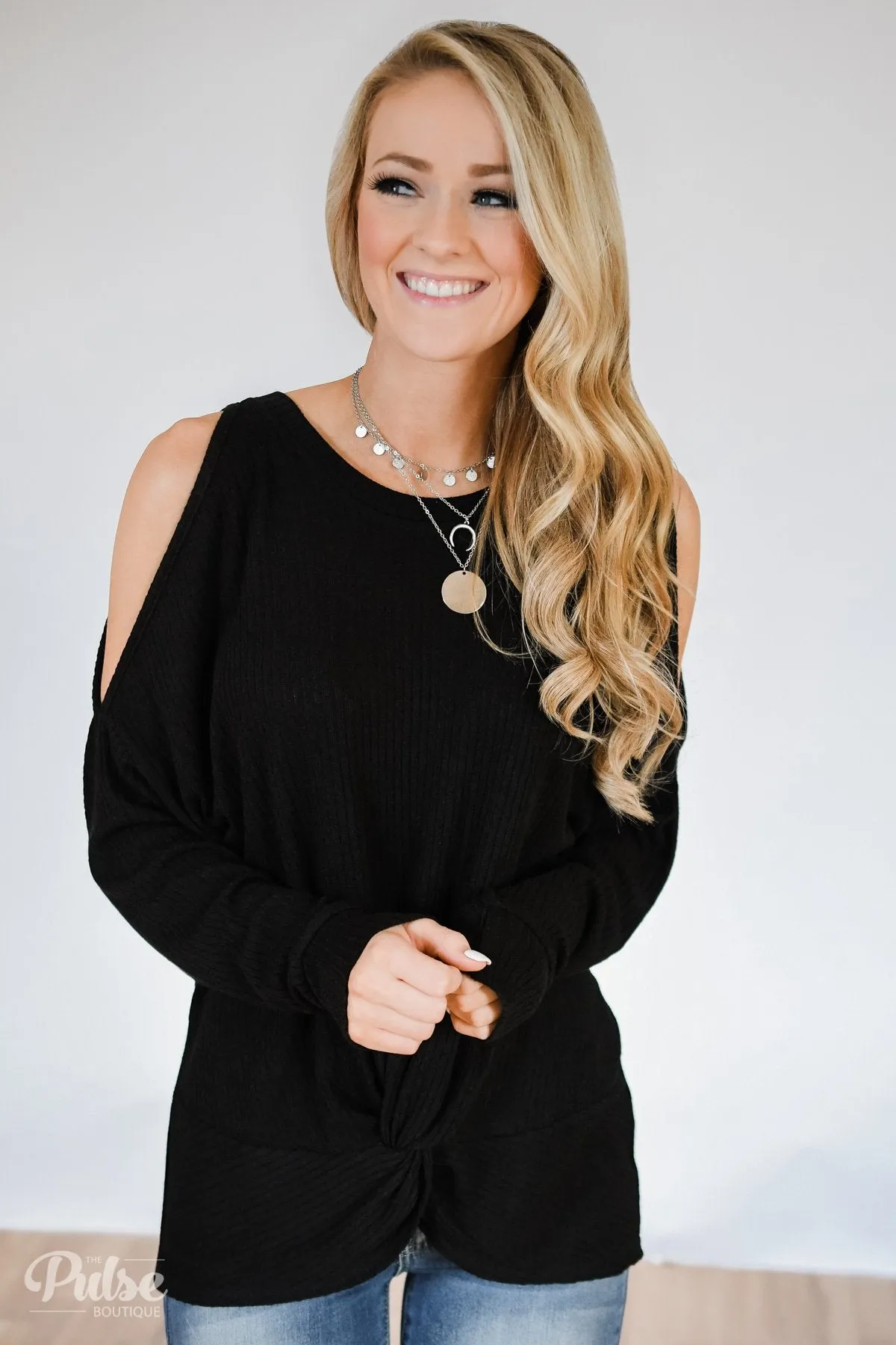 Flattering Twist Cold Shoulder Top- Black