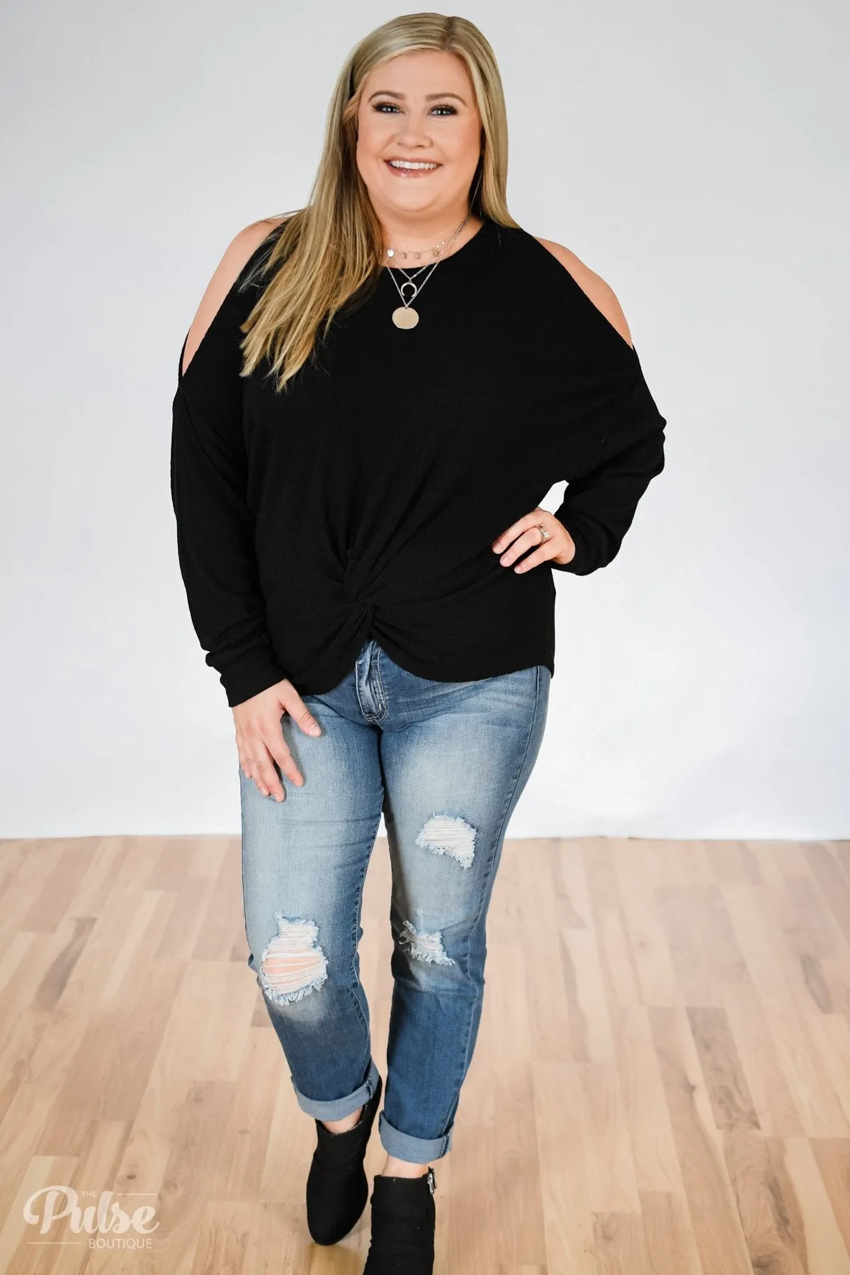 Flattering Twist Cold Shoulder Top- Black