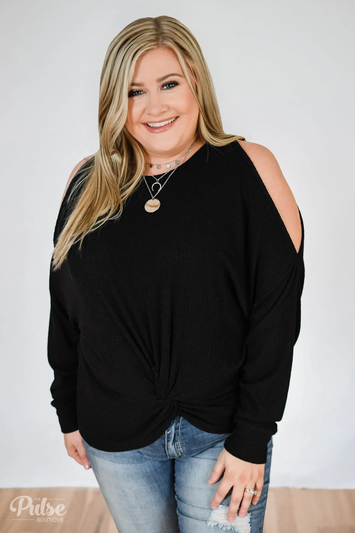 Flattering Twist Cold Shoulder Top- Black
