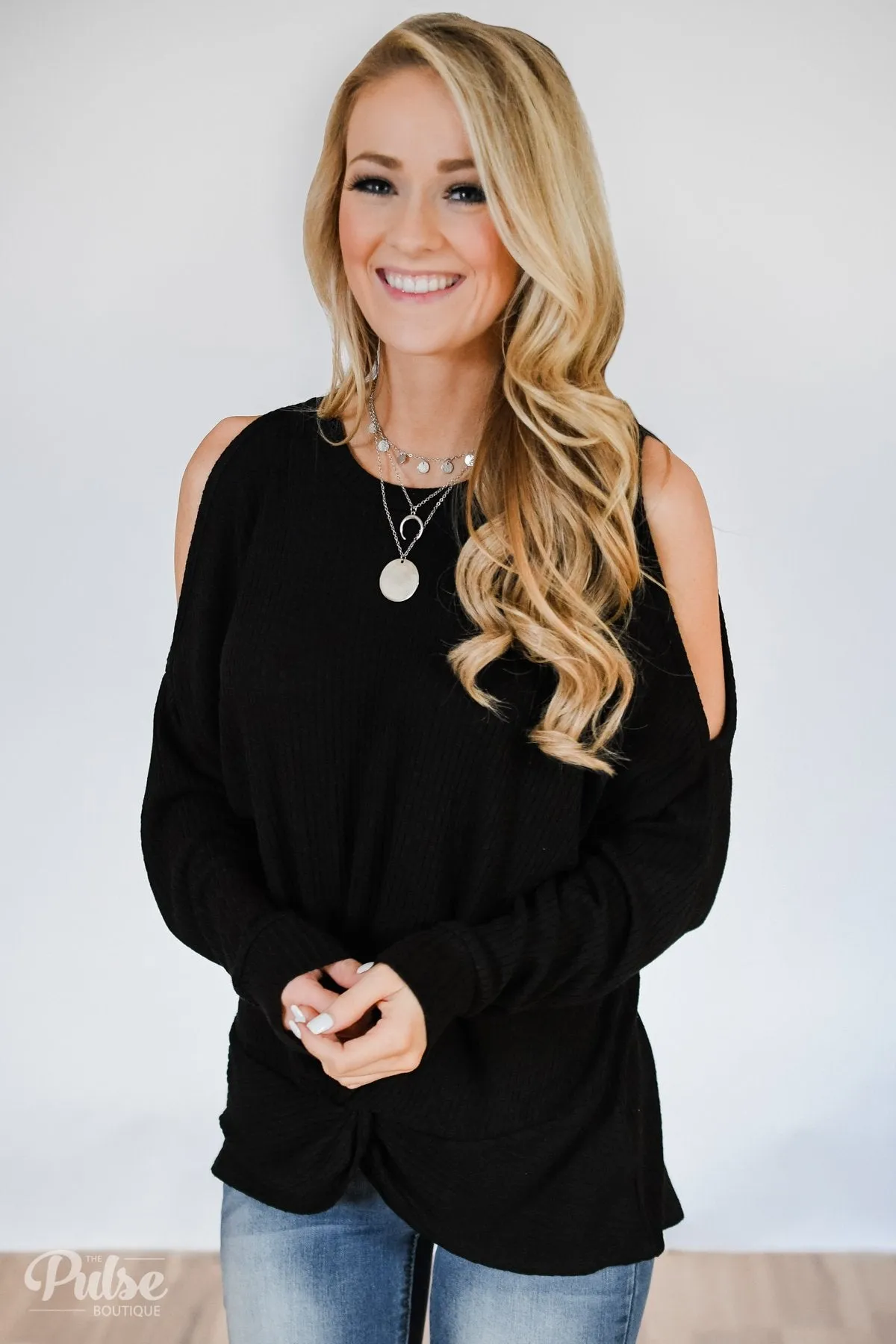 Flattering Twist Cold Shoulder Top- Black