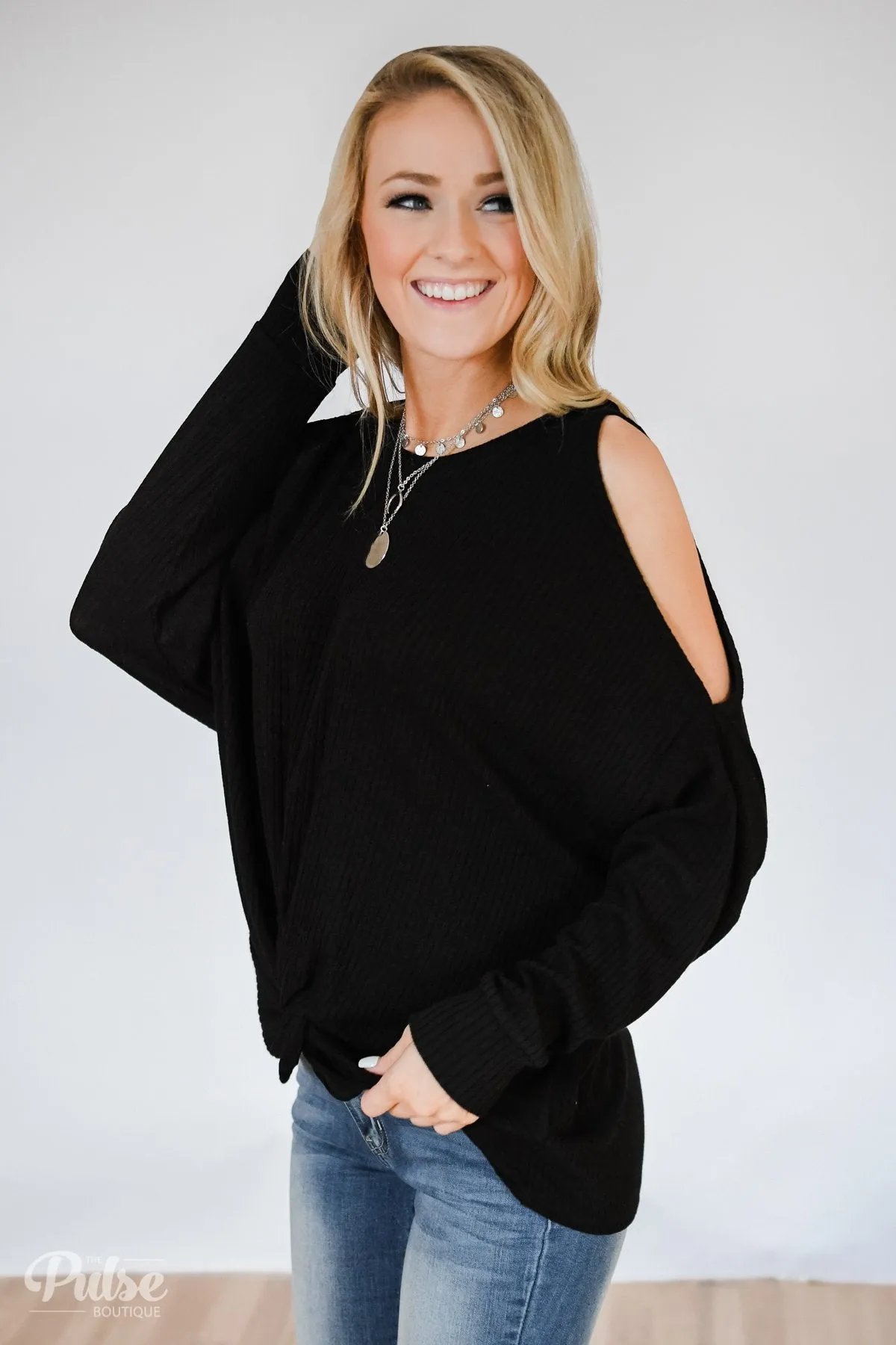 Flattering Twist Cold Shoulder Top- Black