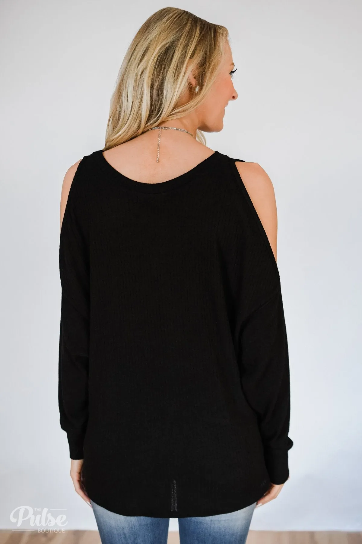 Flattering Twist Cold Shoulder Top- Black